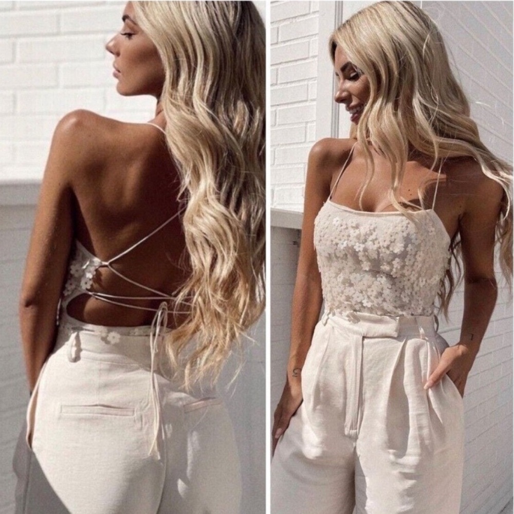 NWOT Zara Cream Daisy Floral Sequin Strappy Tank Bodysuit